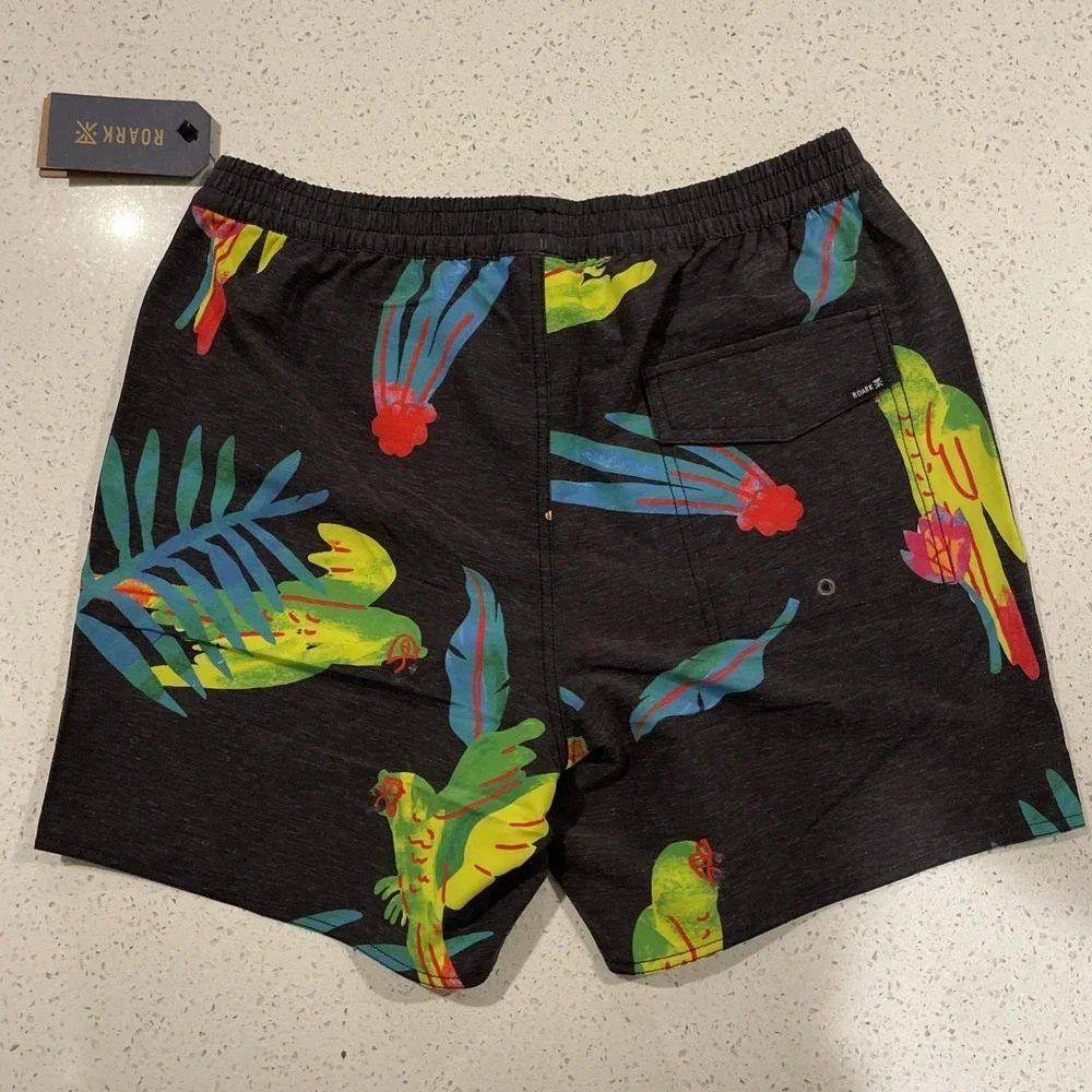 ROARK Shorey Macaw - Men's Parrot Black Board Shorts Swim Trunks - Small‎ - NWT